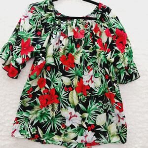 Blouse Size S Red  Christmas Tropical Hibiscus Palm Plumeria Vacation Cruise Y2K